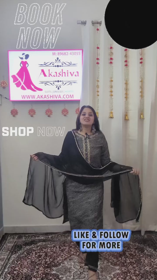 🖤 Grace in Black – Lehriya Print 3-Piece Suit